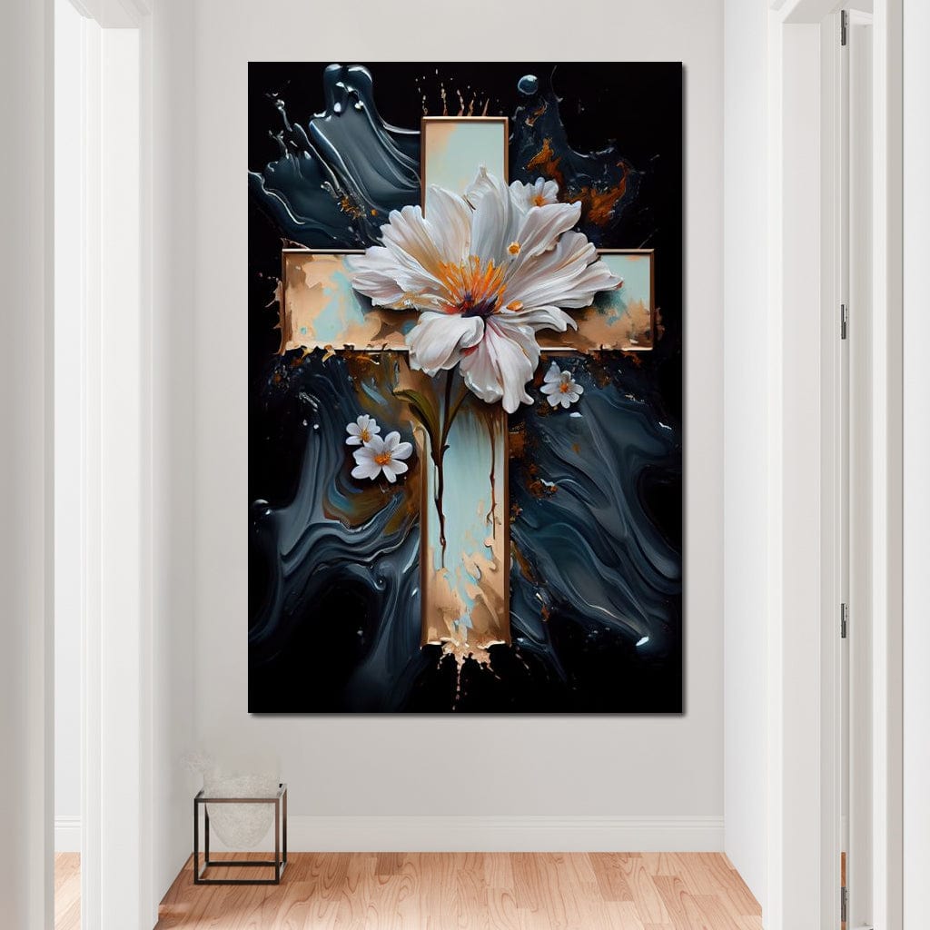 Tablou canvas decorativ cu tablou canvas cu o cruce si flori albe